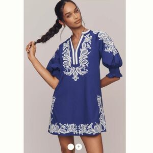 Maeve Royal Blue Mini Dress with White Embroidery